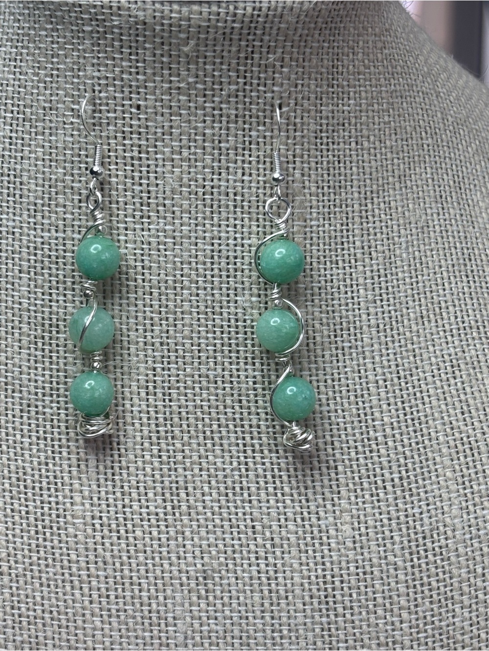 Silver Wire Wrapped Green Bead Drop Earrings